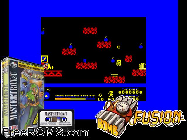 Bombfusion (UK) (1989) [a1] Amstrad CPC game showing 3D box cover and gameplay screenshot